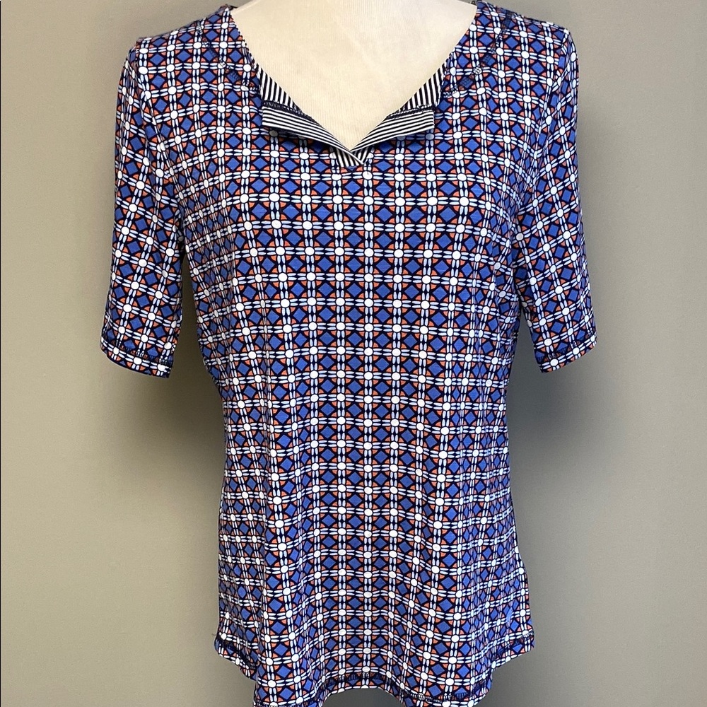 Talbots Blue and White Fitted Short Sleeve Blouse – Size M